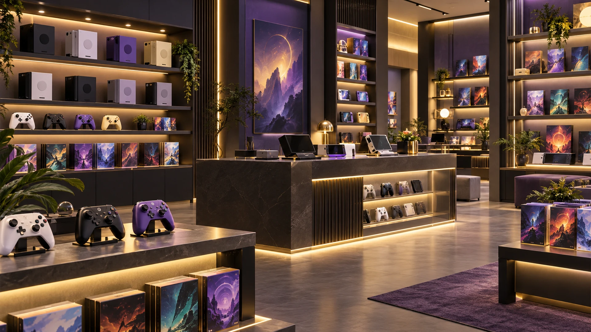 Showroom conceptual de Checkpoint 9 en violeta y amarillo suave